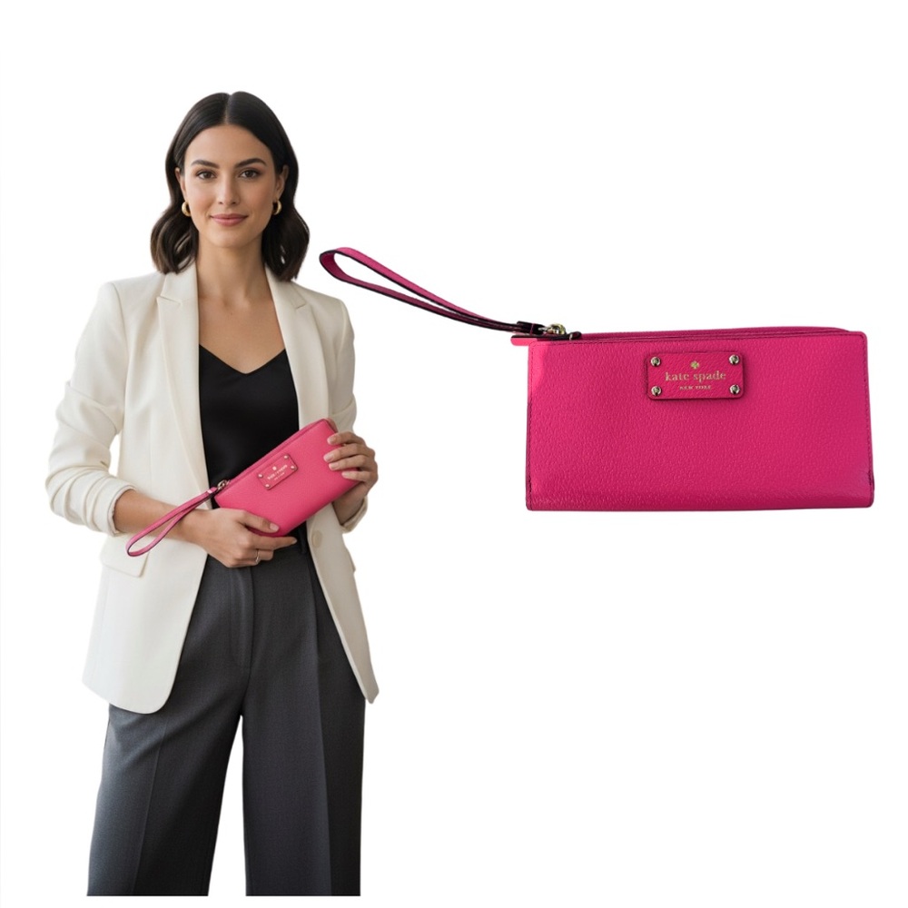 Kate Spade New York Double-Zip Hot Pink Pebbled Leather Wristlet Wallet
